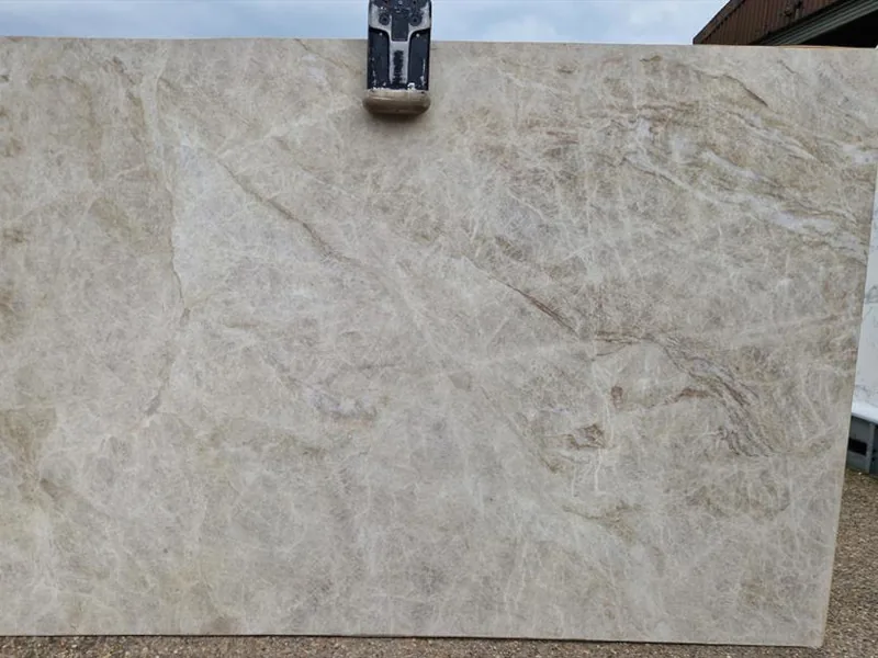 Taj Mahal quartzite slab with cream and beige veining